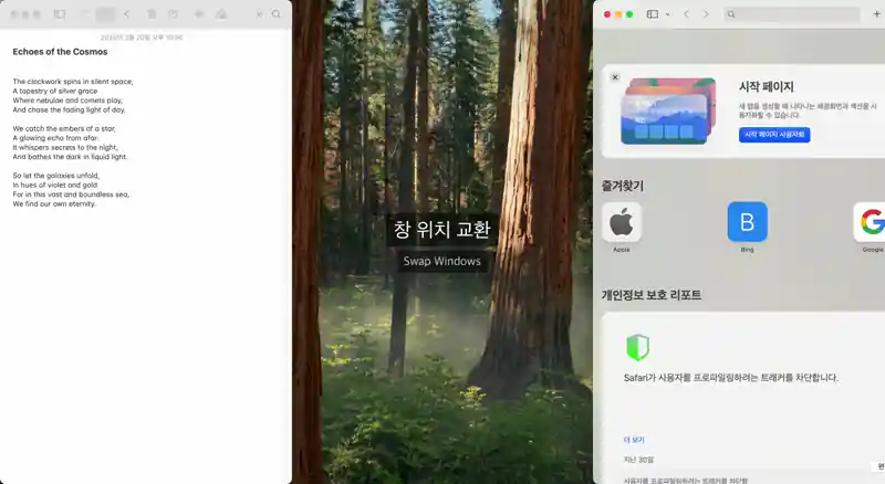 두 창의 위치를 교환하는 Corral